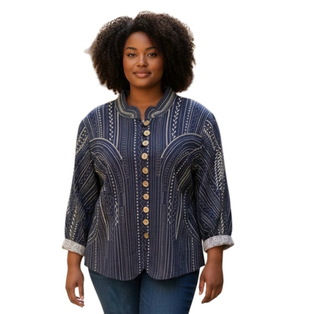 John Mark Embroidered Lined Jacket Blue Cream Sz XL Contrast Cuff Lagenlook - Picture 2 of 11